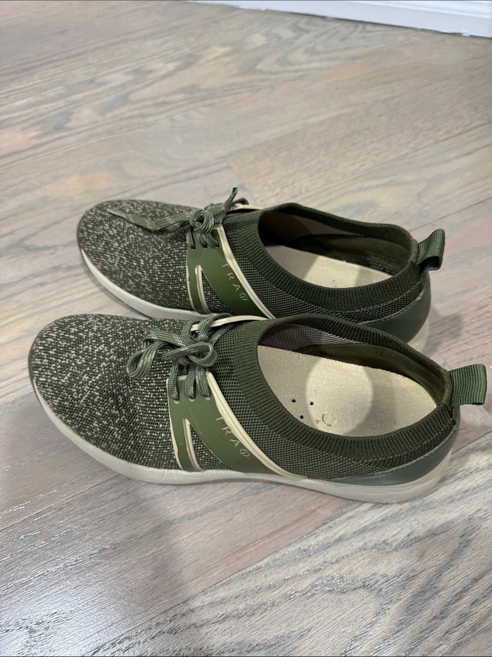TRAQ by Alegria Women’s Lightweight Knit Slip-On Sneakers in Olive Green
